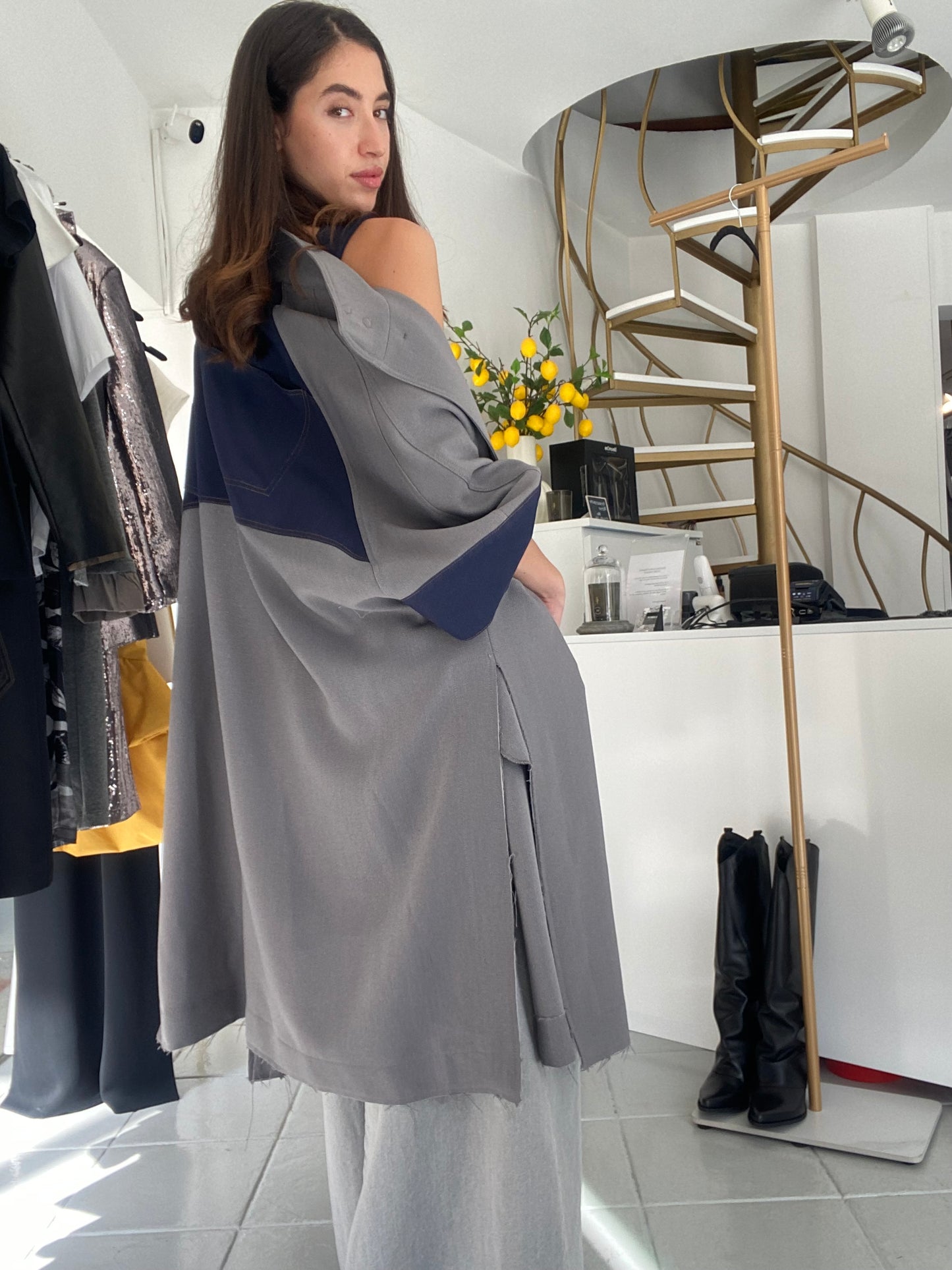 Grey overall with denim details Baroc Boutique