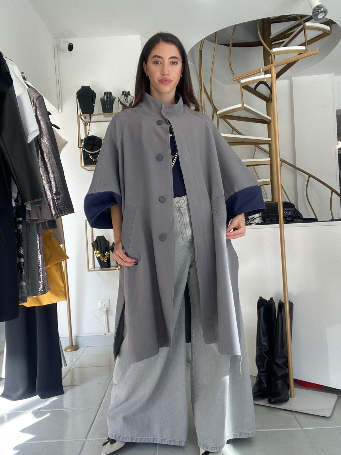 Grey overall with denim details Baroc Boutique