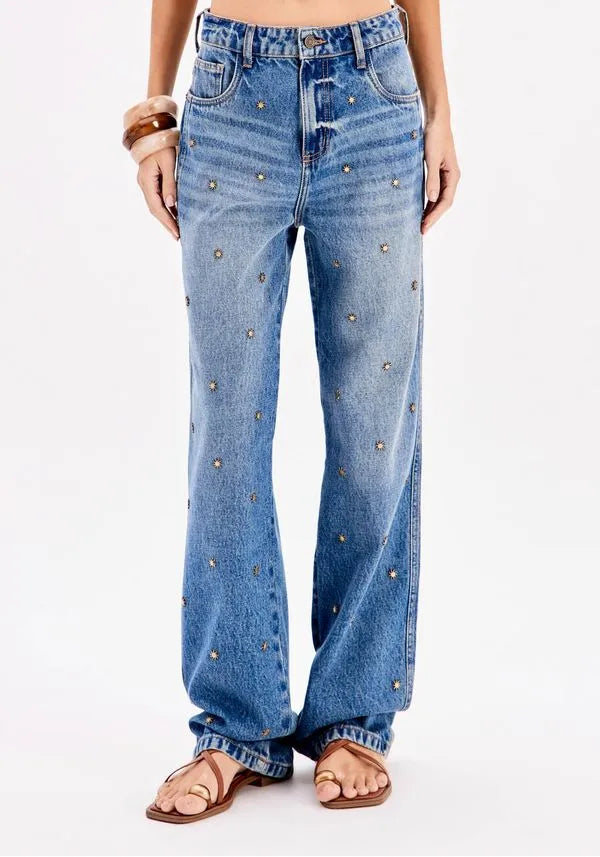 High rise straight leg jeans with embellishment Baroc Boutique