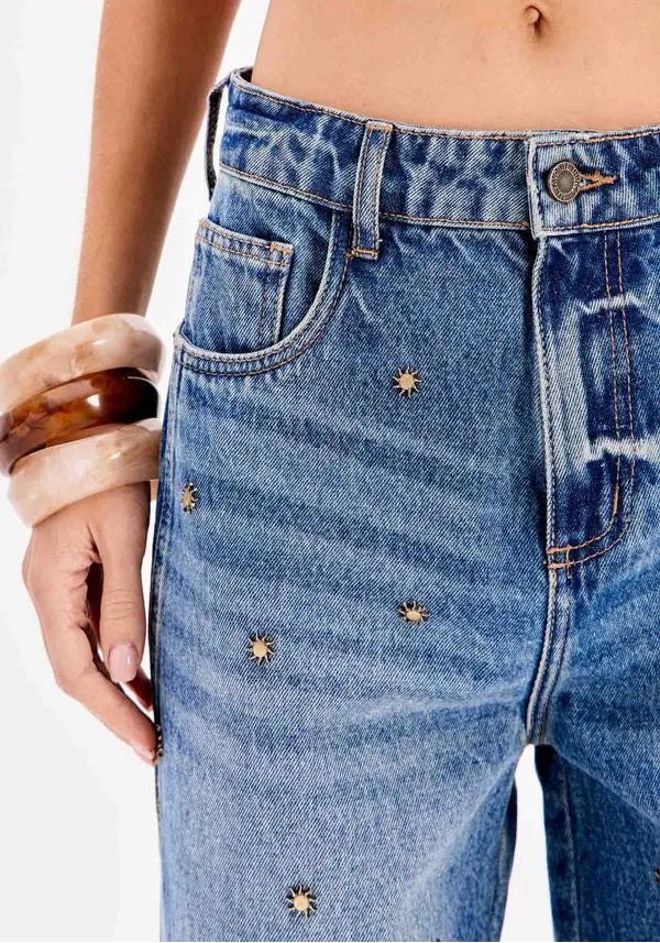 High rise straight leg jeans with embellishment Baroc Boutique