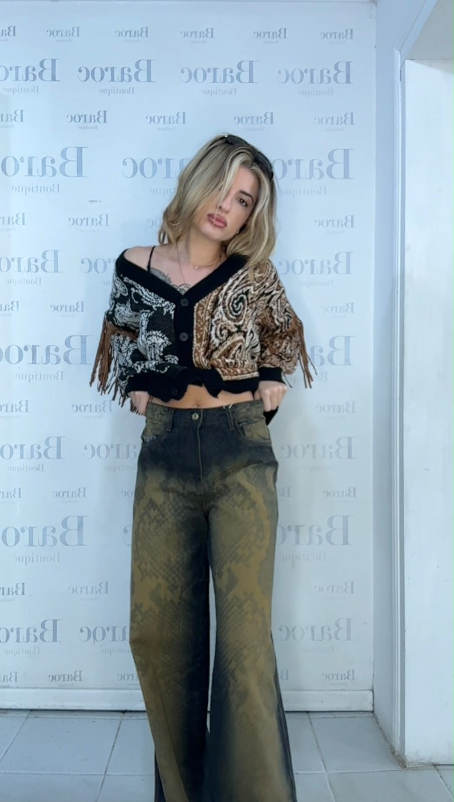 High waisted denim trouser with print Baroc Boutique