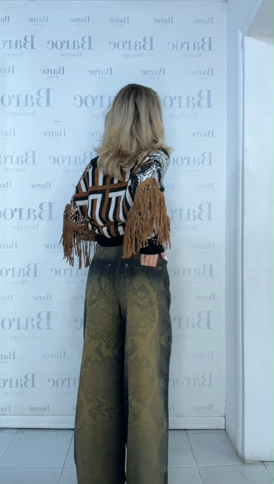 High waisted denim trouser with print Baroc Boutique