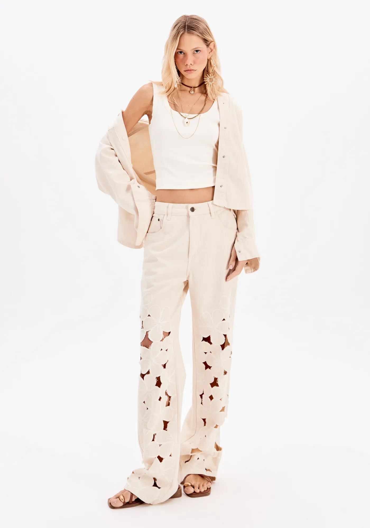High waisted full length twill pants Baroc Boutique