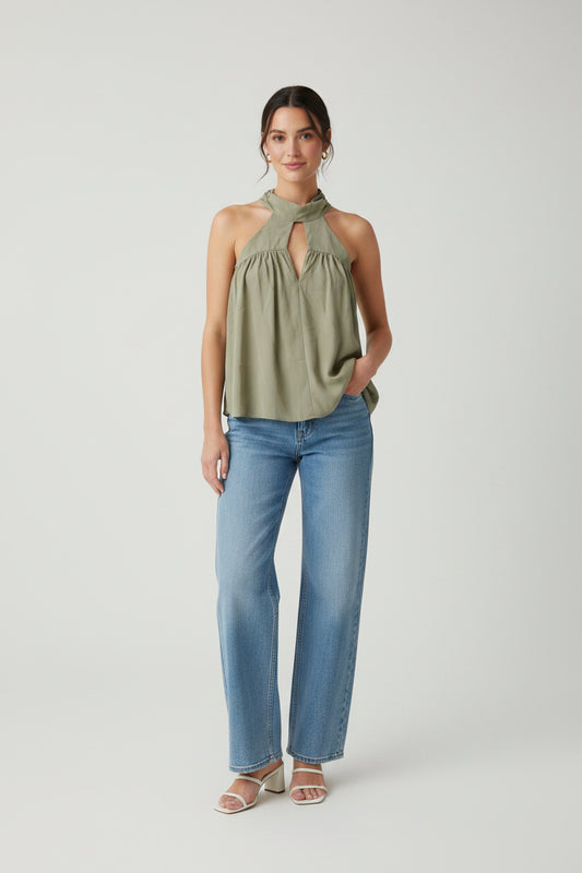 Khaki Sheer sleeveless blouse Baroc Boutique