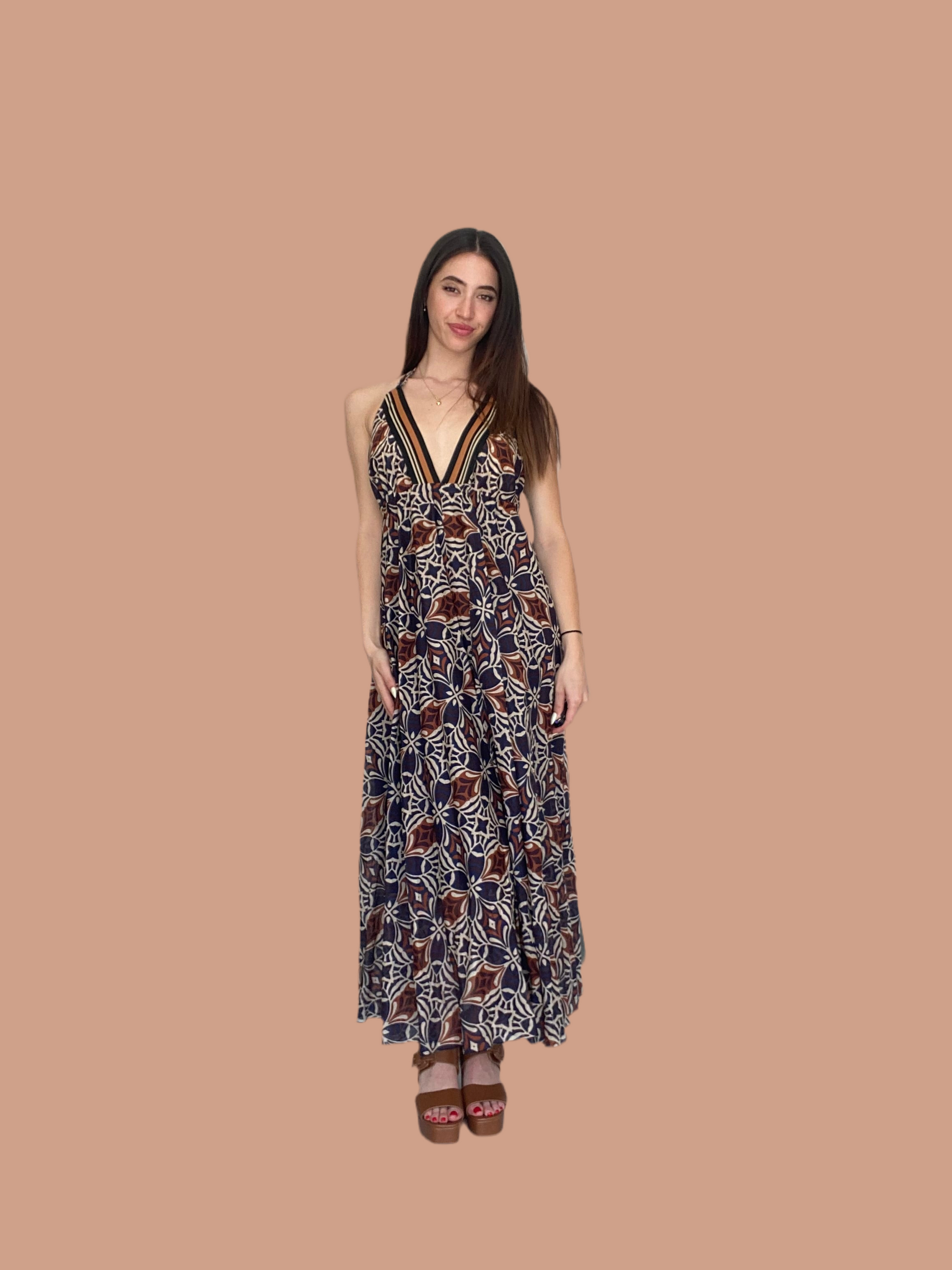 Long pure cotton dress with geometric print Baroc Boutique