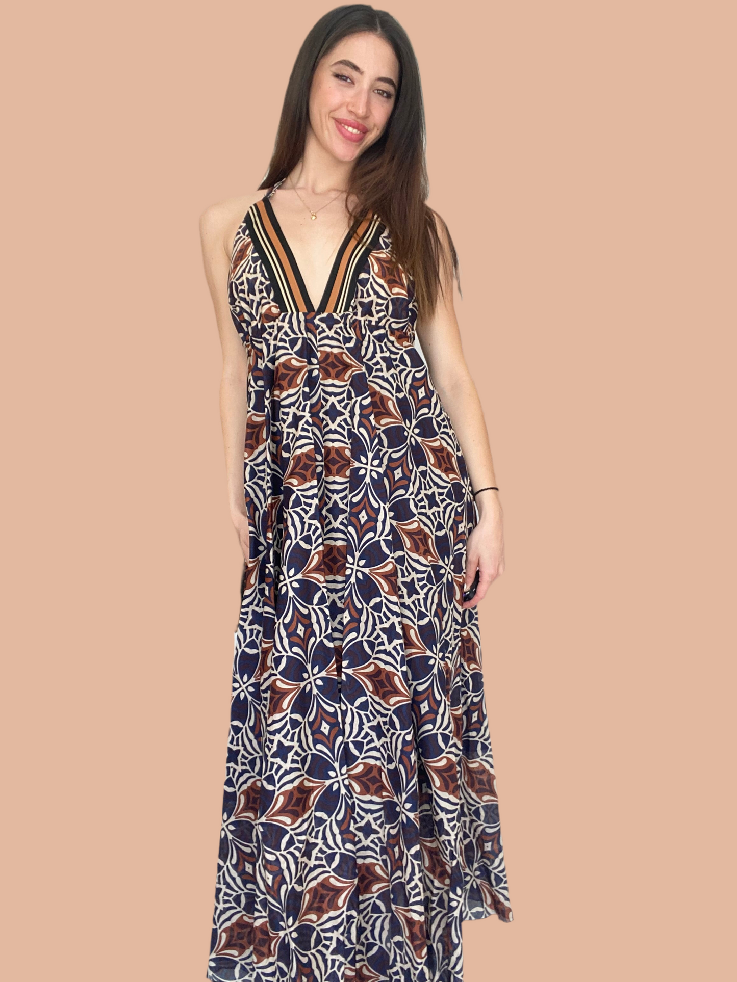 Long pure cotton dress with geometric print Baroc Boutique