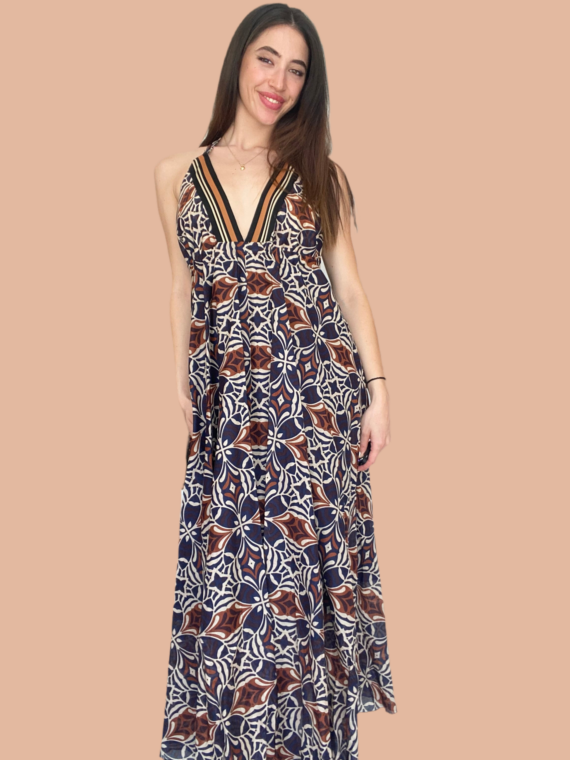 Long pure cotton dress with geometric print Baroc Boutique