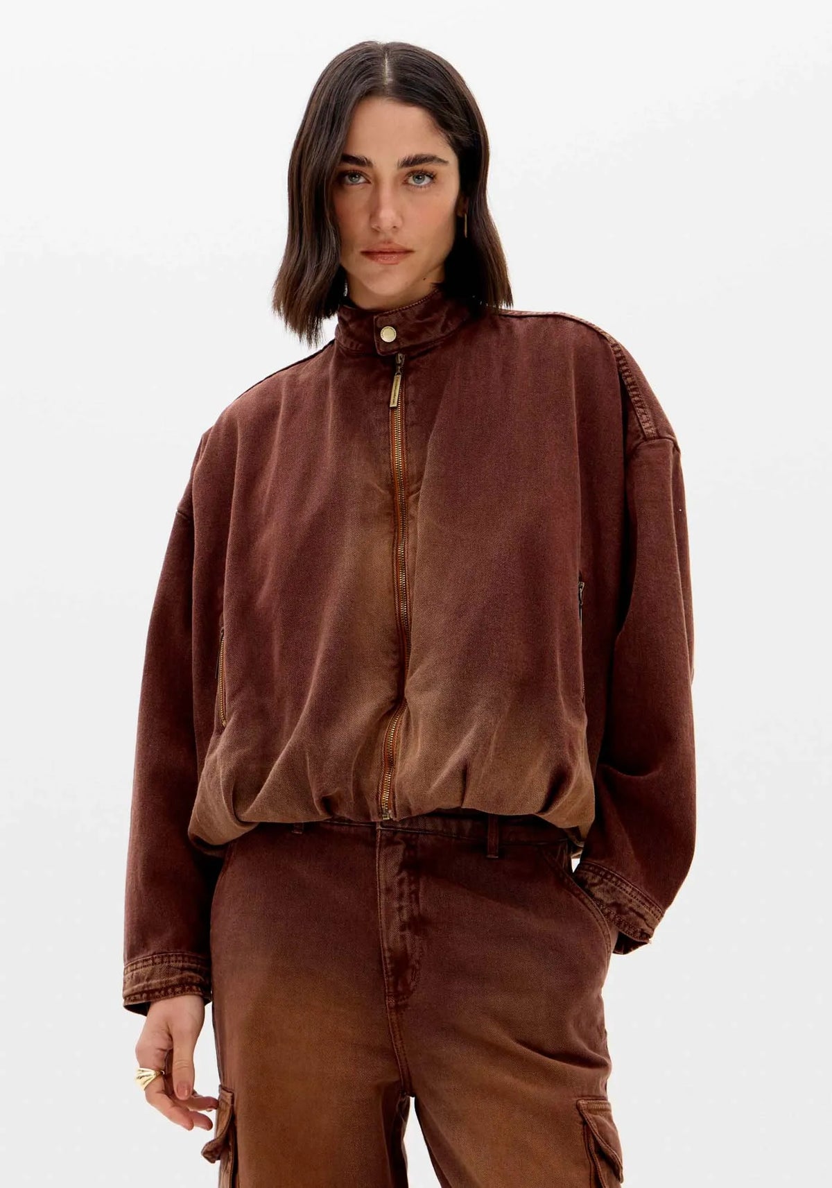 Longline Zippered Denim Jacket with a High Collar Baroc Boutique