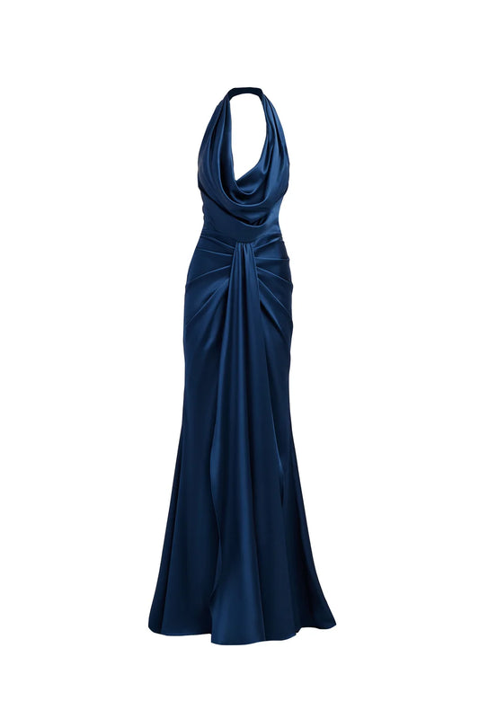 Nave blue satin long formal dress Baroc Boutique