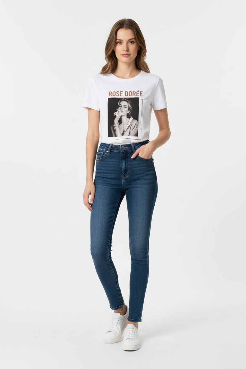 Cream short sleeve slim line t-shirt with print Baroc Boutique ONE SIZE