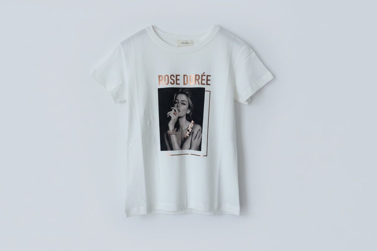 Cream short sleeve slim line t-shirt with print Baroc Boutique ONE SIZE