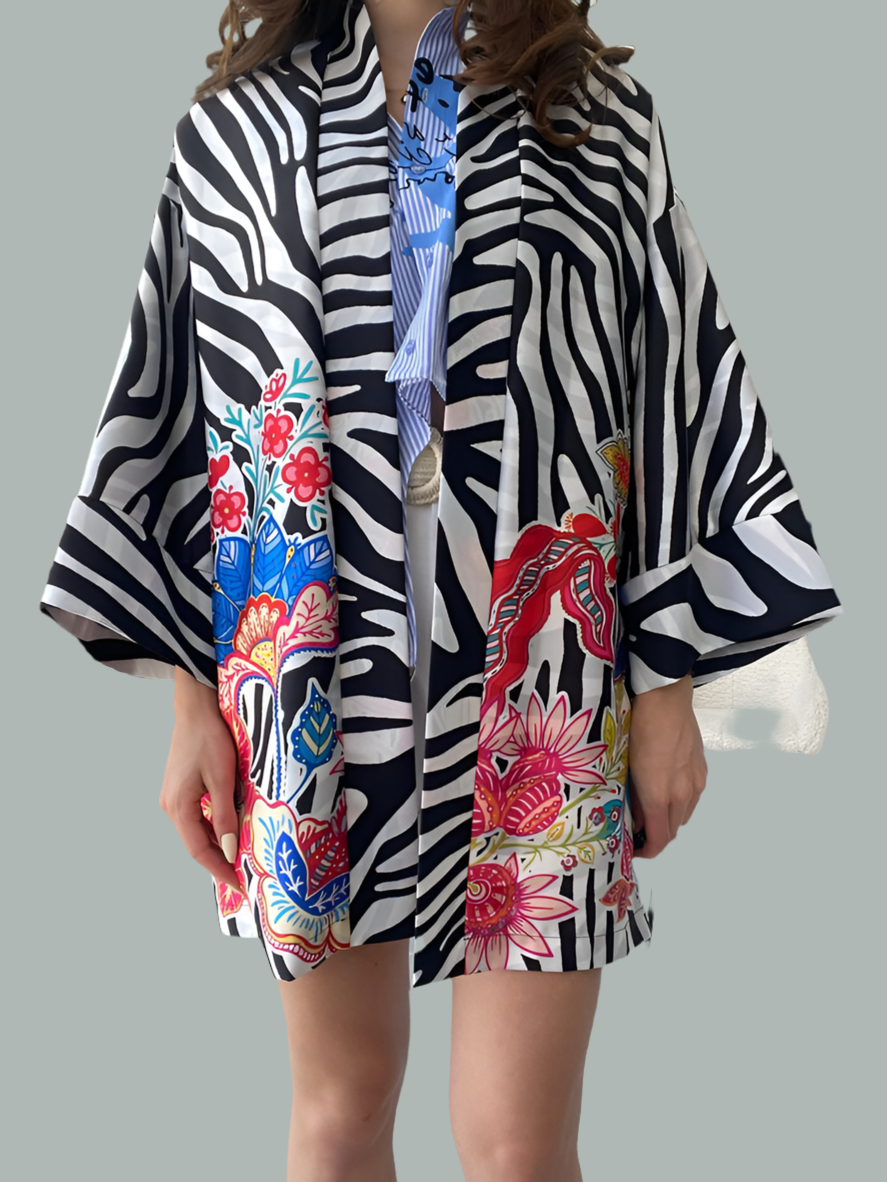 Short zebra kimono with flowers Baroc Boutique ONE SIZE