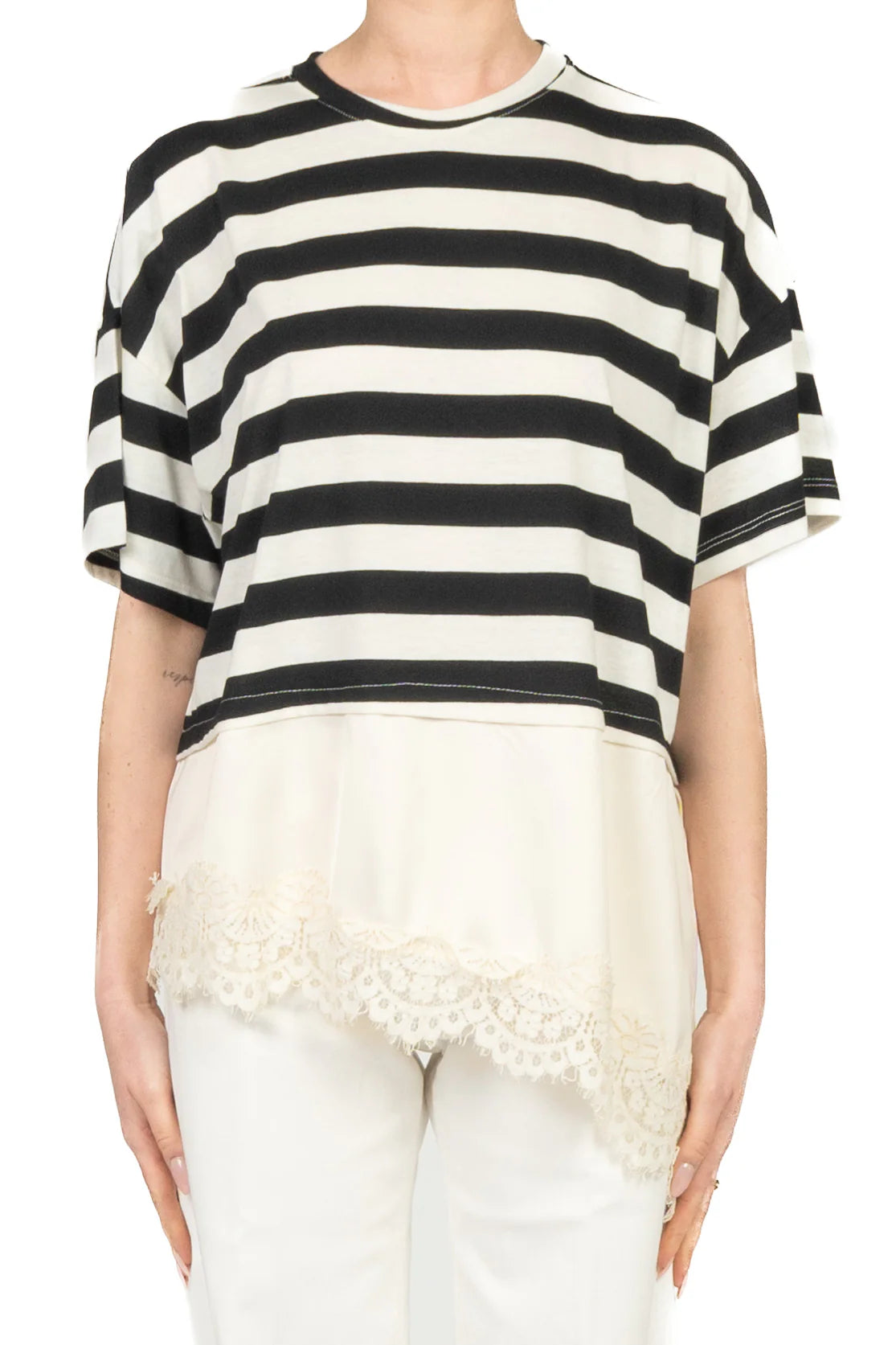 Striped asymmetric t-shirt with lace Baroc Boutique One size