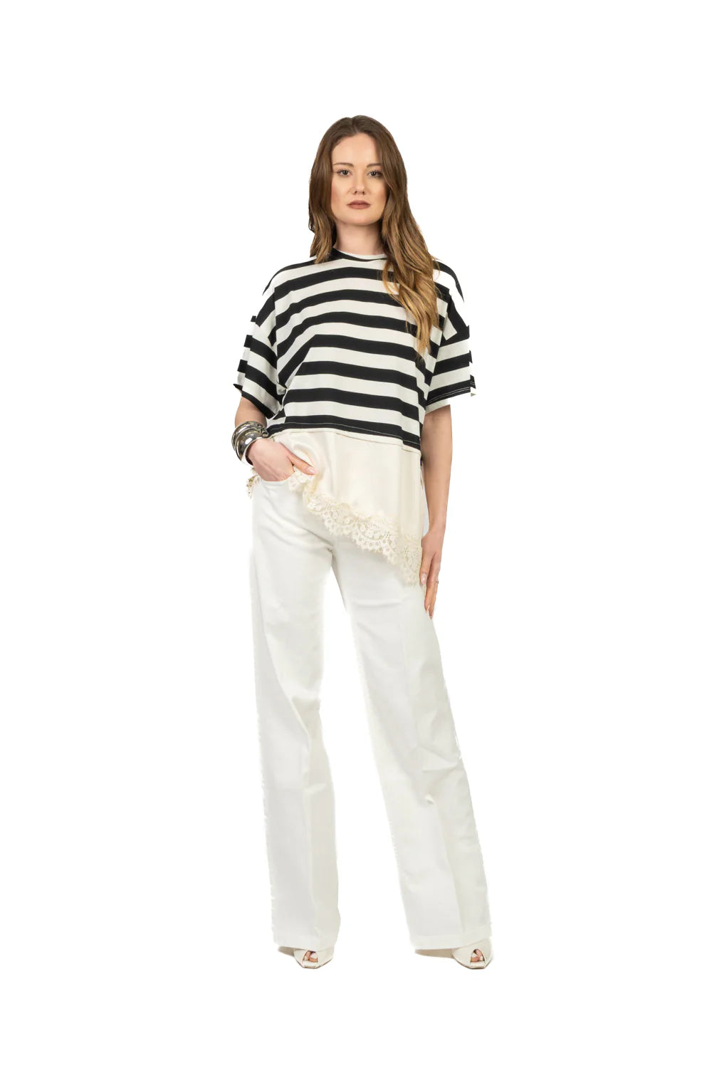 Striped asymmetric t-shirt with lace Baroc Boutique One size