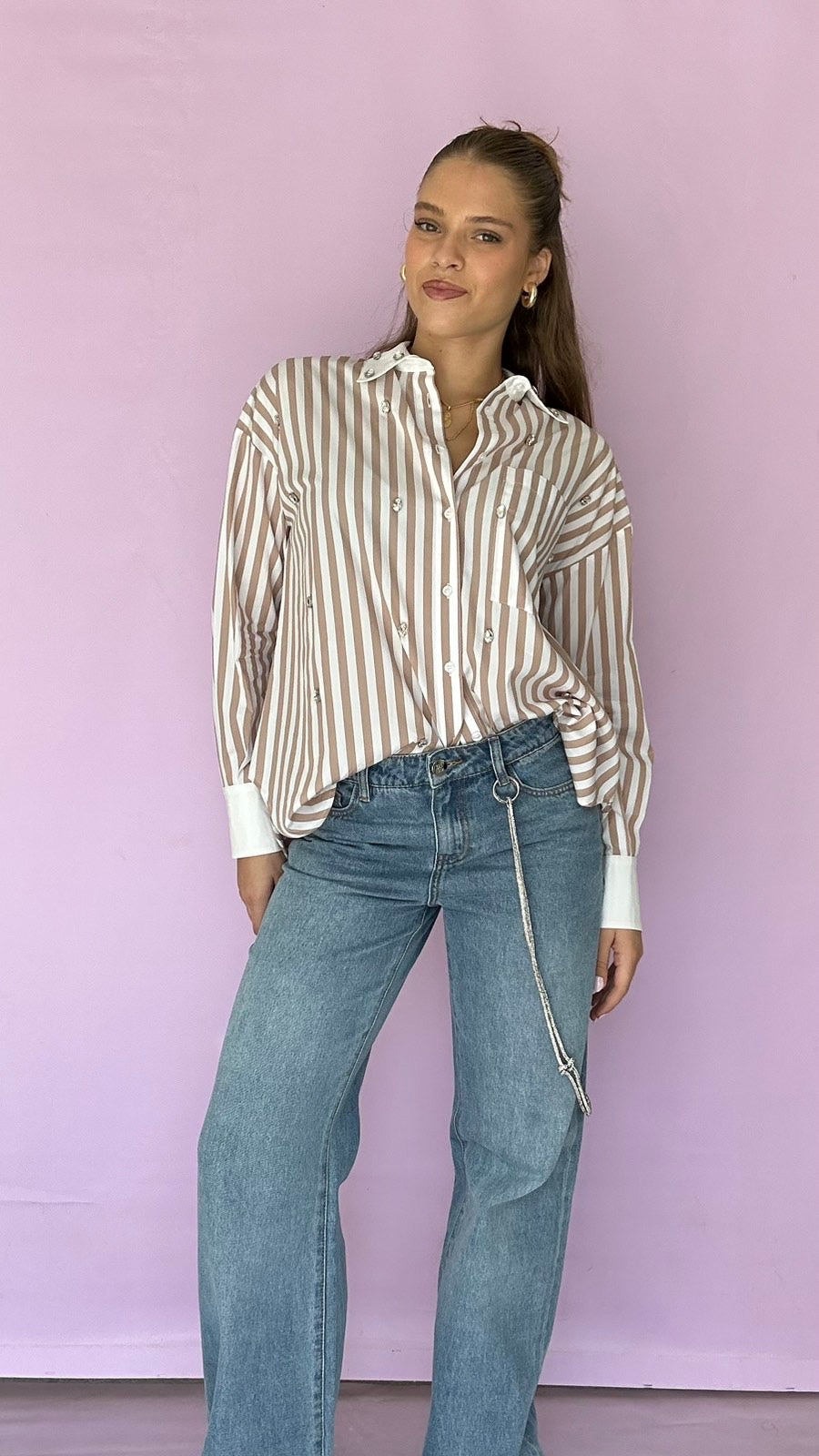 Striped oversize shirt with rhinestones Baroc Boutique One size