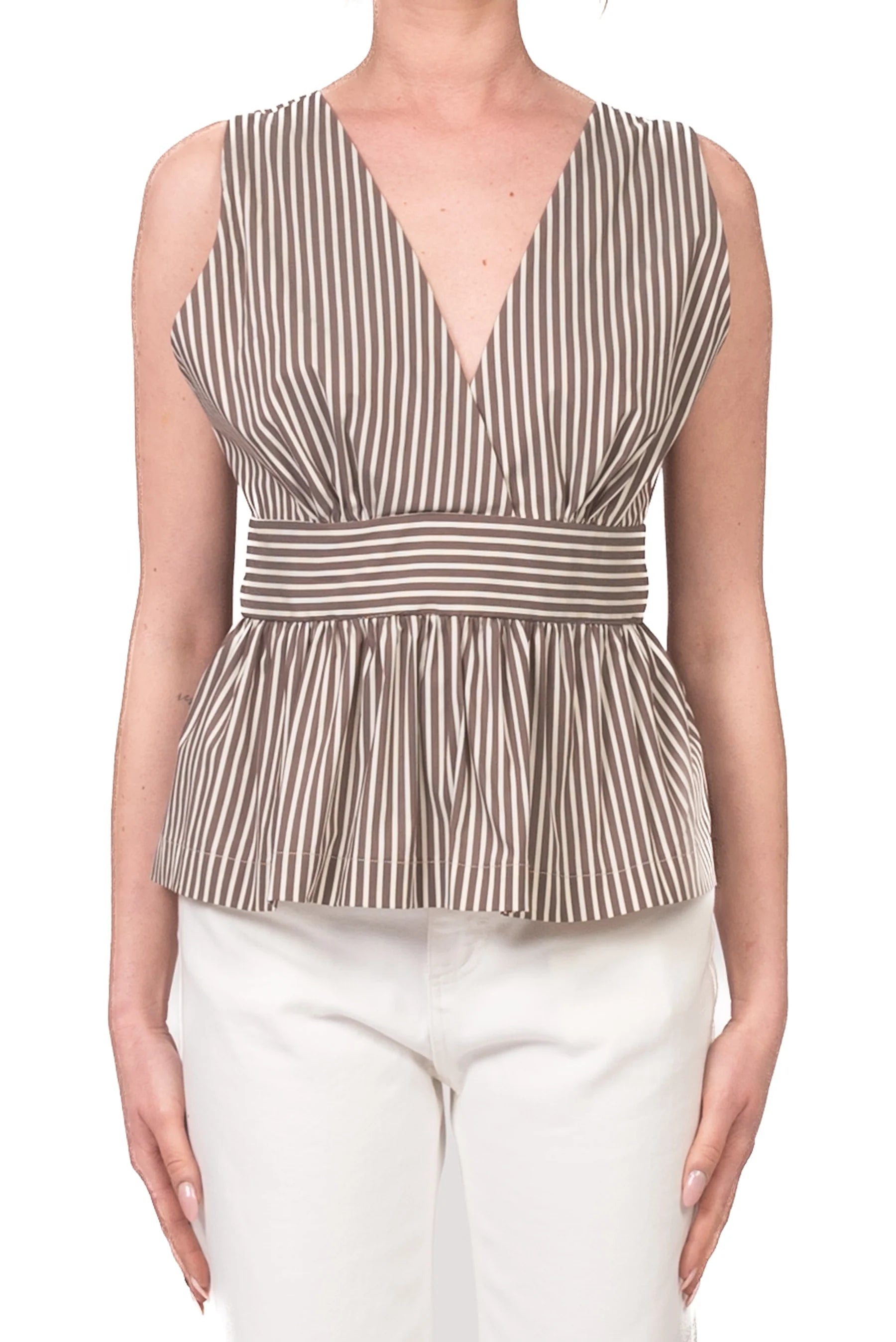 Pin Stiped top with V neckline and low back Baroc Boutique