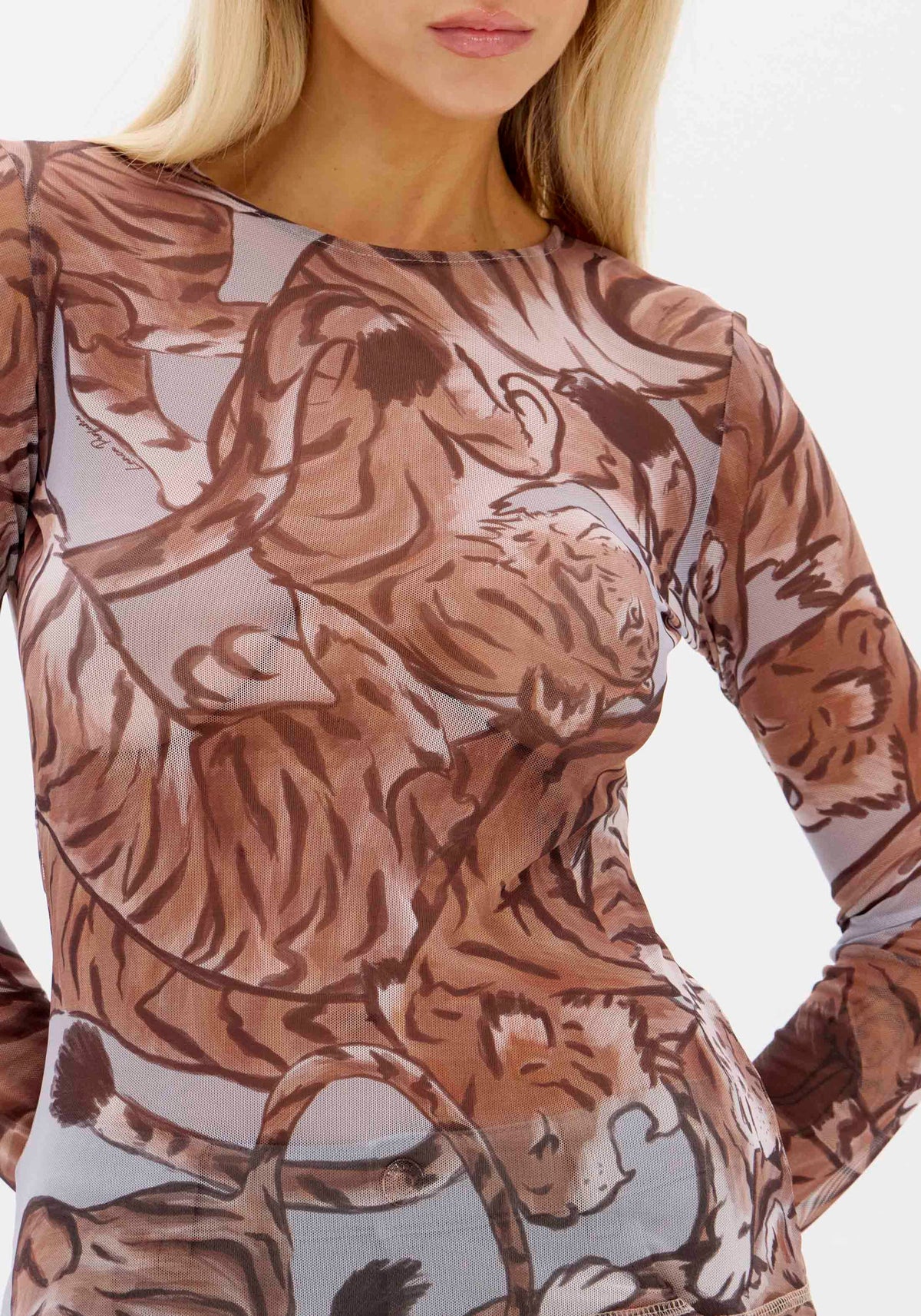 Printed Sheer Tulle Long Sleeve Blouse Baroc Boutique
