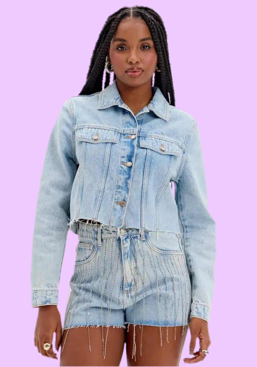 Short jean jacket with rhinestones Baroc Boutique
