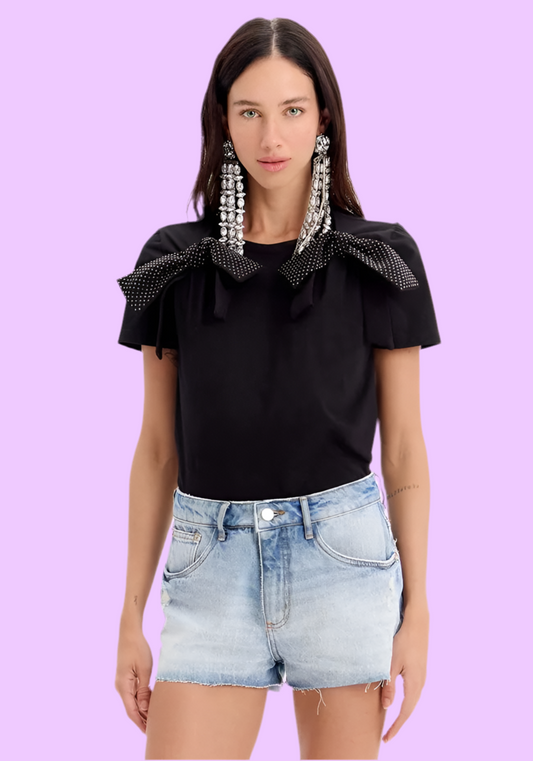 Short sleeve black t-shirt with bows Baroc Boutique