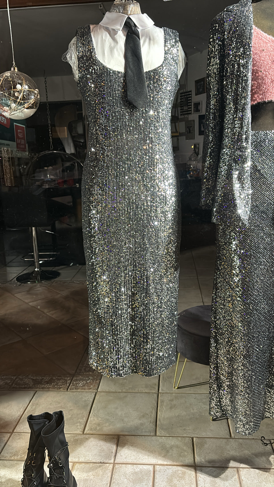 Silver sequin slim line midi dress Baroc Boutique