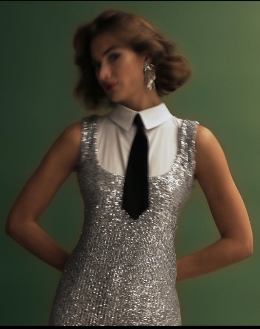 Silver sequin slim line midi dress Baroc Boutique