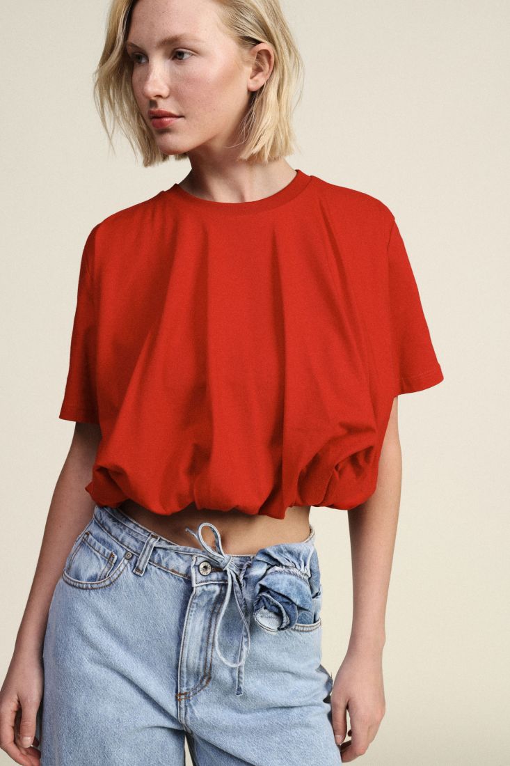 Cream Short-sleeved cropped t-shirt with drawstring hem Baroc Boutique Small
