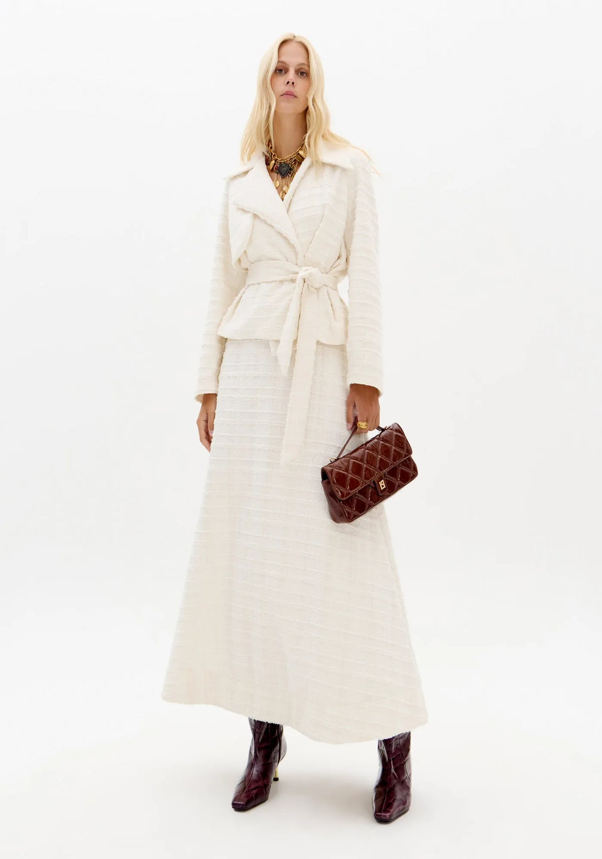 Cream tweed ankle long skirt Baroc Boutique Small