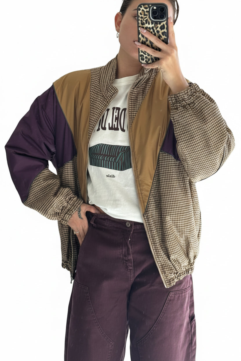 Dixie Checked Pattern Bomber Jacket with Contrasting Geometric Inserts Baroc Boutique Small