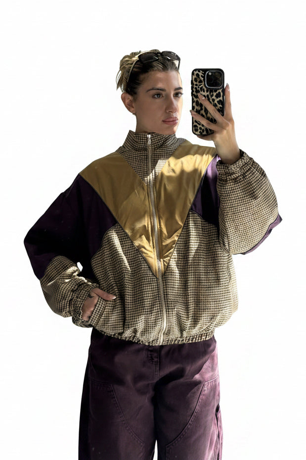 Dixie Checked Pattern Bomber Jacket with Contrasting Geometric Inserts Baroc Boutique Small