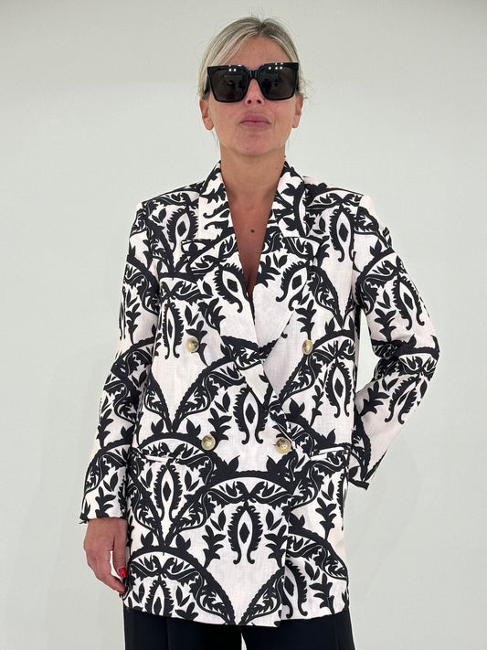 Linen beige Blazer with black design Baroc Boutique SMALL