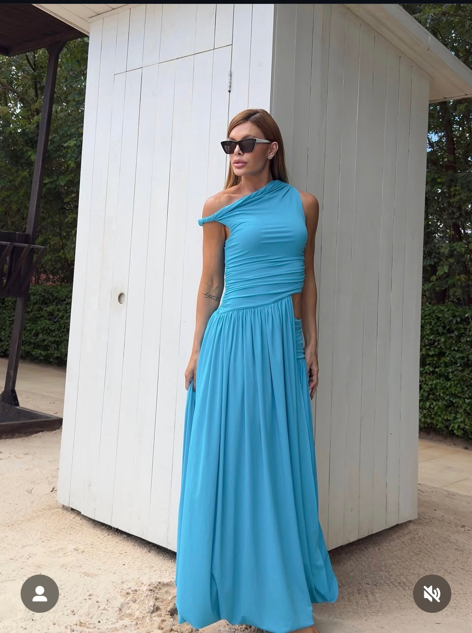 Turqoise one shoulder long dress with a twist Baroc Boutique Small