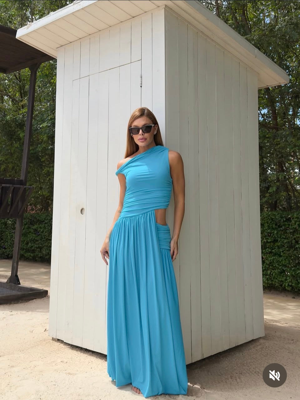 Turqoise one shoulder long dress with a twist Baroc Boutique Small