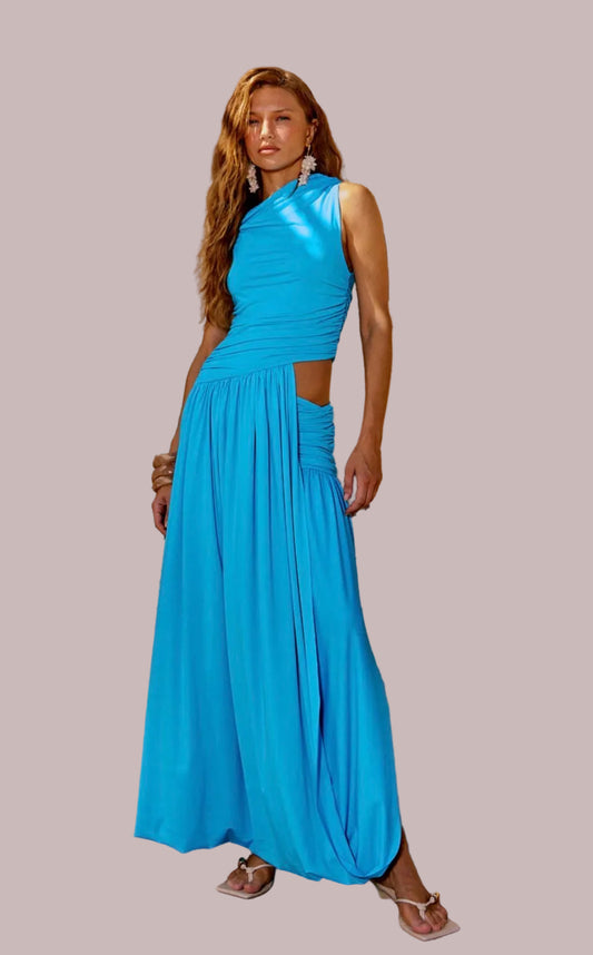Turqoise one shoulder long dress with a twist Baroc Boutique Small