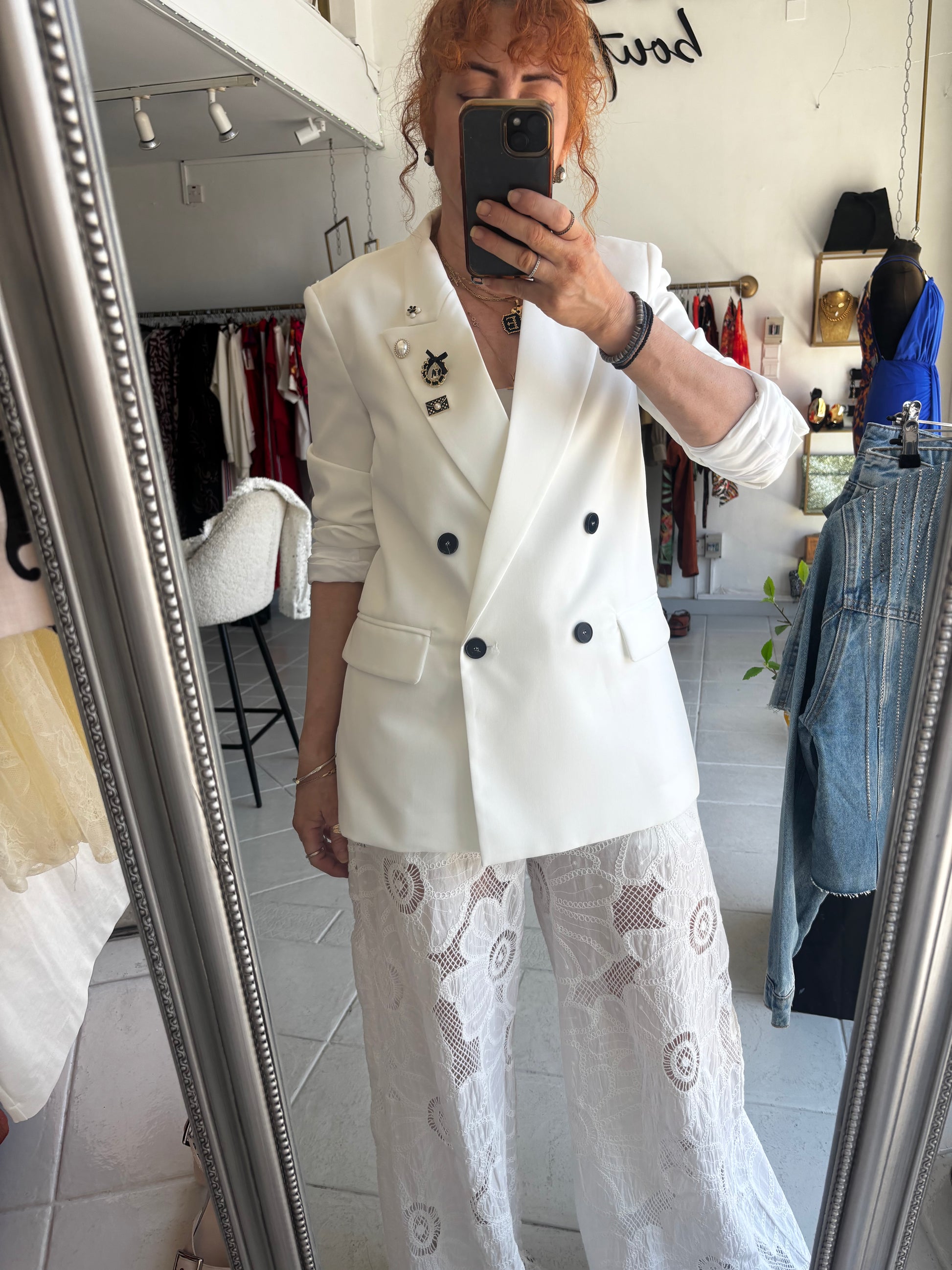 White double breasted blazer withe pins Baroc Boutique Small