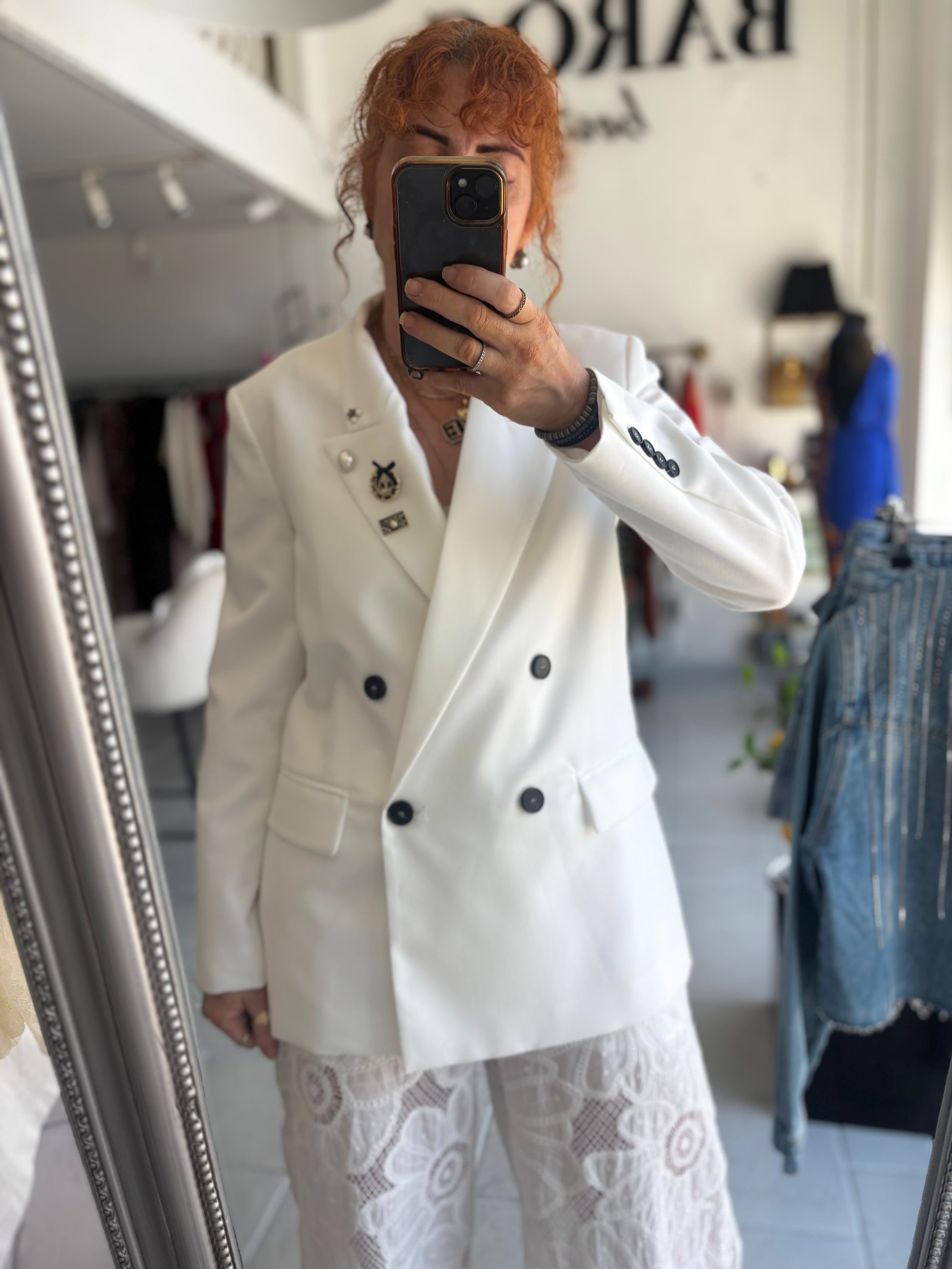 White double breasted blazer withe pins Baroc Boutique Small