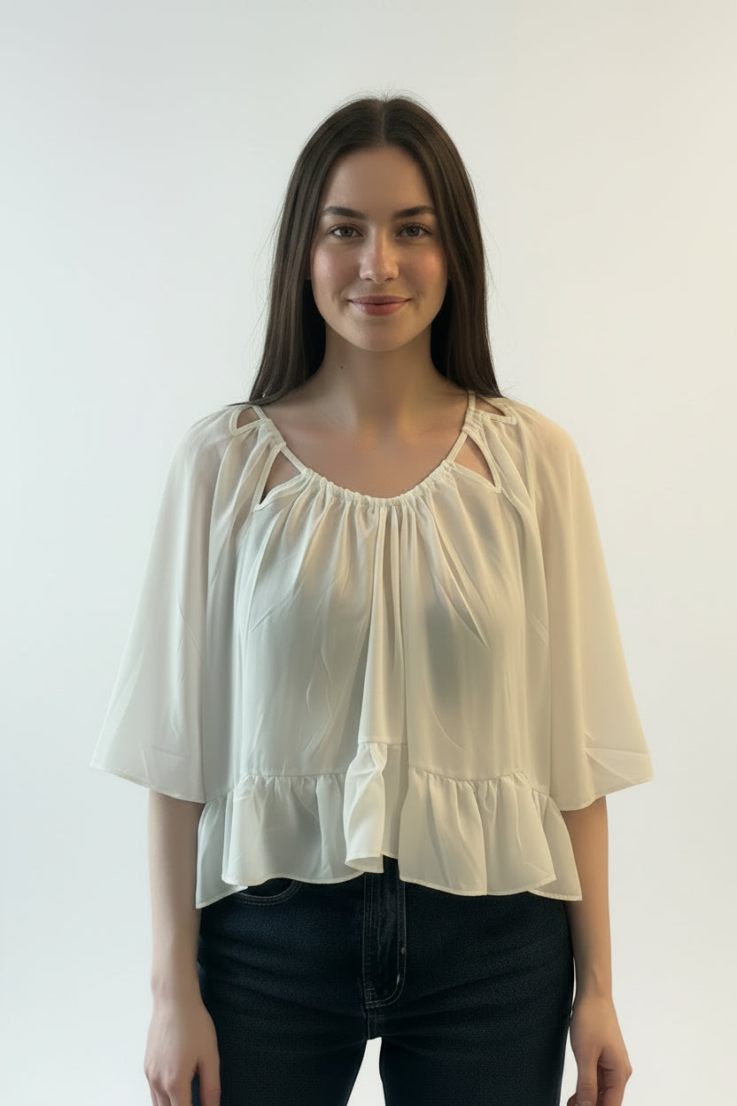 White sheer blouse with ruffle Baroc Boutique