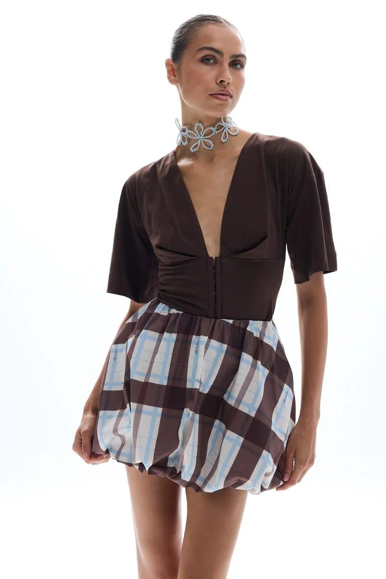 Ciel plaid balloon mini skirt with signature Baroc Boutique XS/S