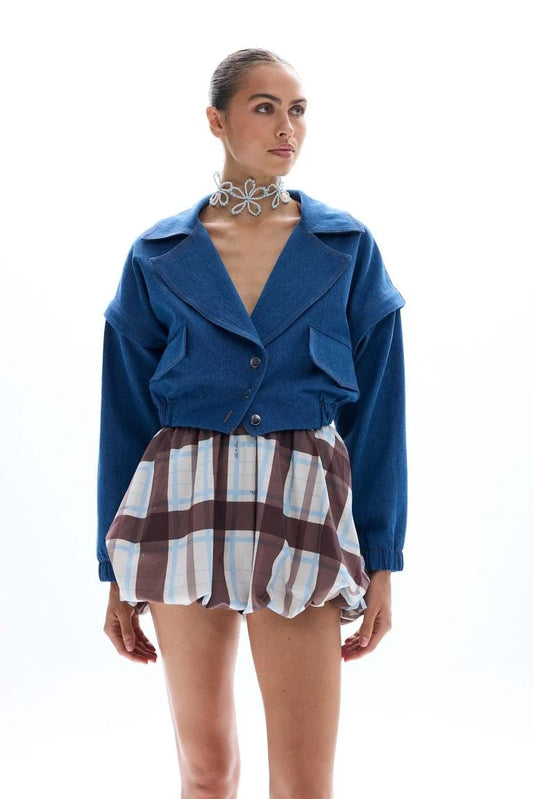 Blue denim jacket with adjustable sleeves