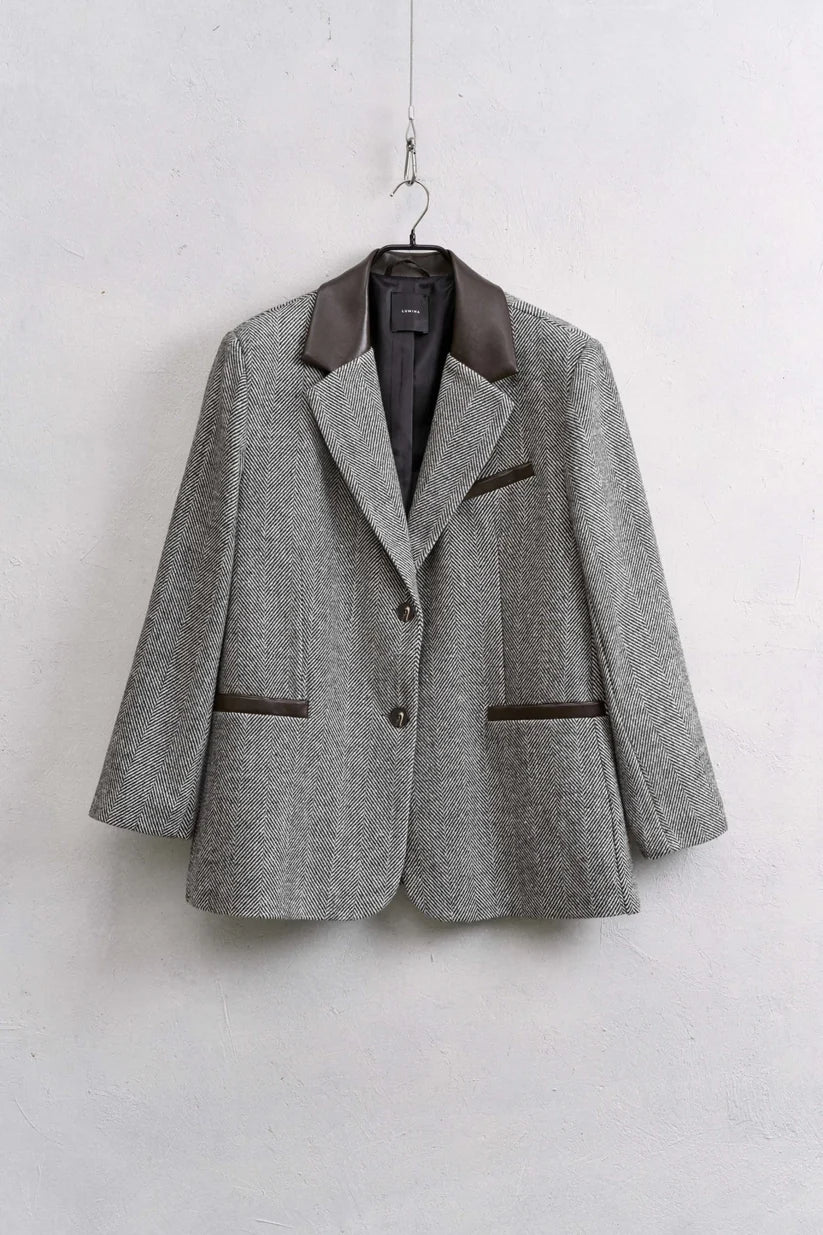 Herring bone fabric blazer with faux leather collar