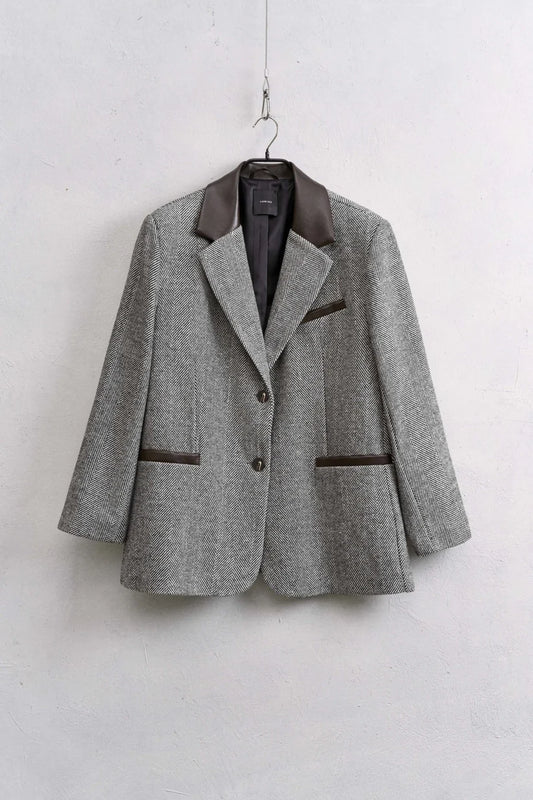 Herring bone fabric blazer with faux leather collar