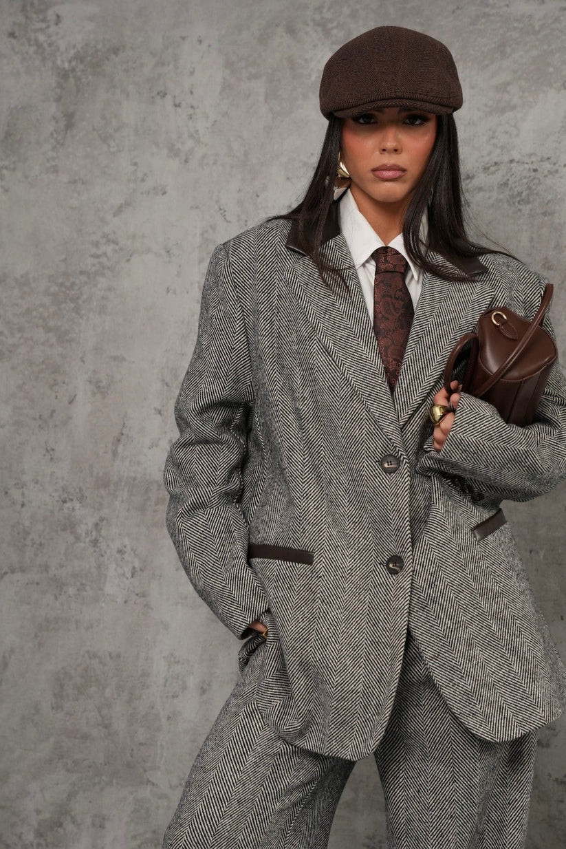 Herring bone fabric blazer with faux leather collar