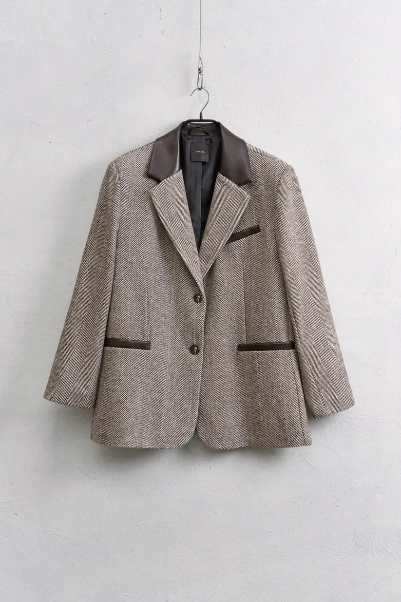Herring bone fabric blazer with faux leather collar