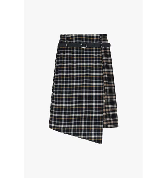 Asymmetrical Belted Plaid Skirt