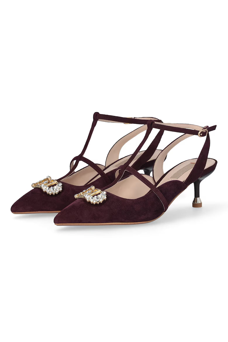 Slingback shoes with bejeweled logo
