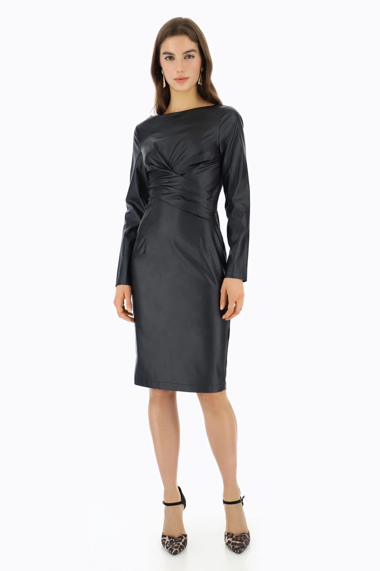 Dress Eco leather slim fit dress Baroc Boutique SMALL / CAMEL / 50%VISCOSE 50%PU